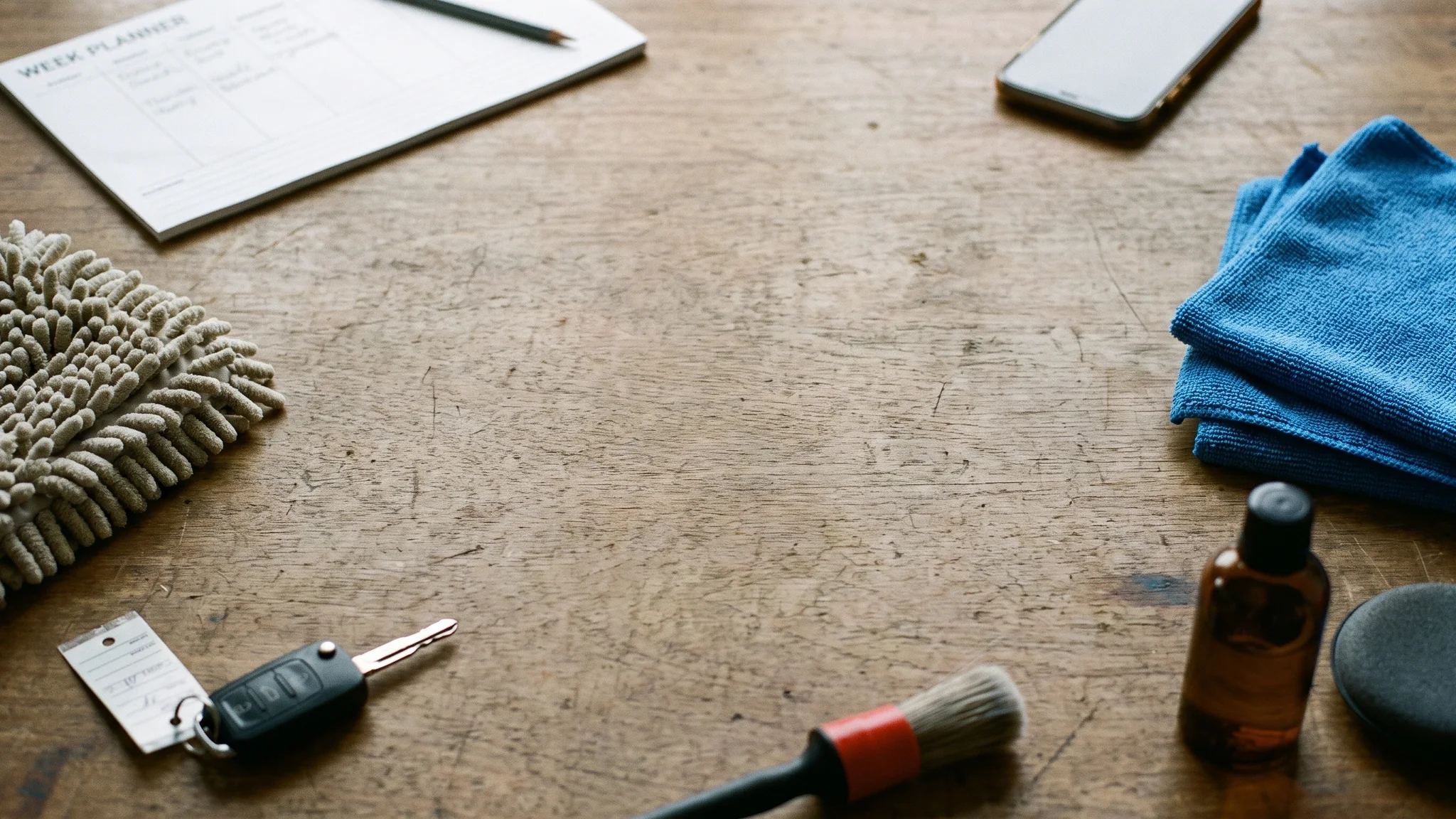 A handwritten booking list on a wooden table, beside a phone lying face down, folded blue microfibre cloths, a vehicle key on a numbered tag, an amber bottle of polish and a detailing brush.